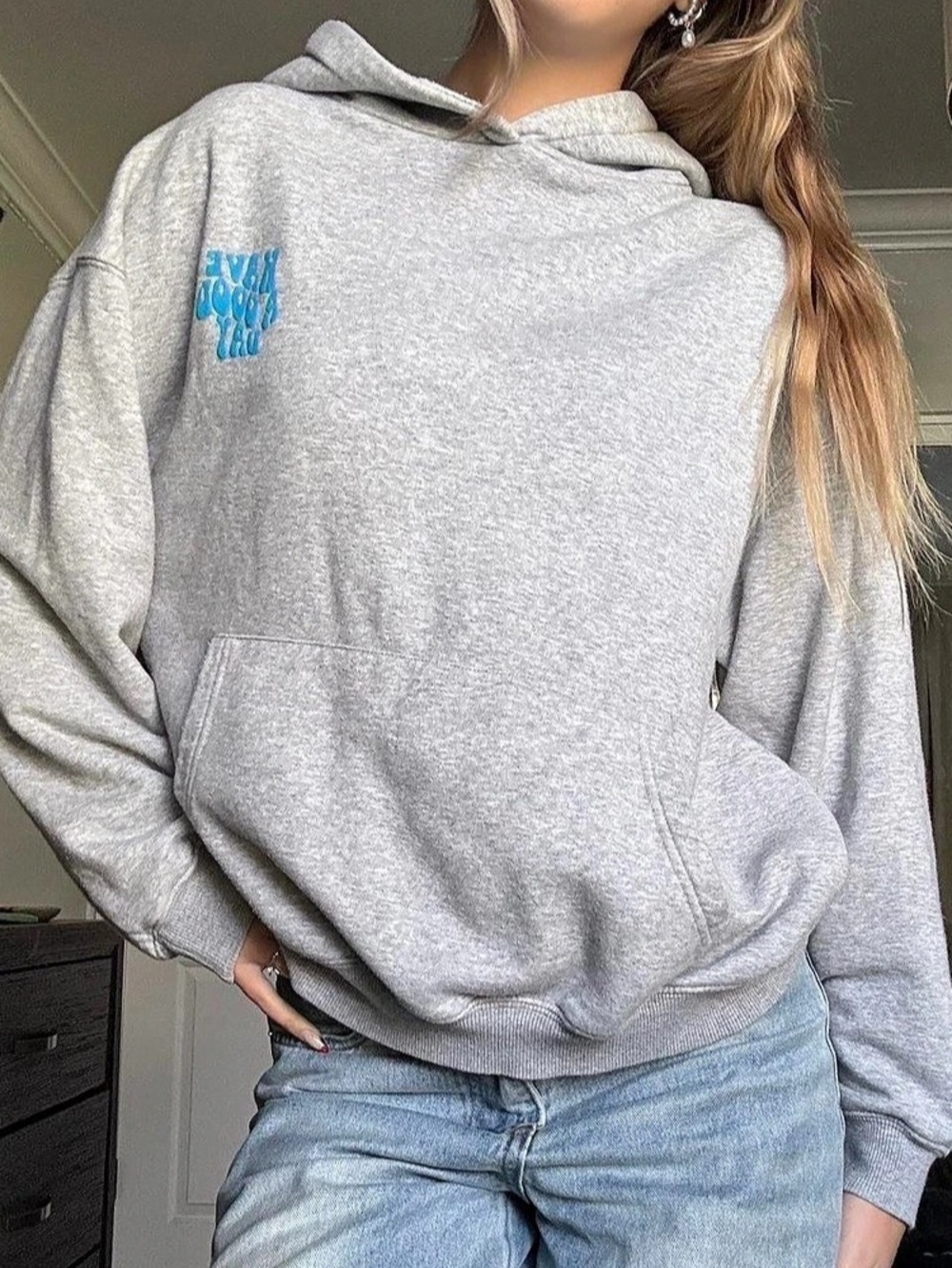Graphic Pullover Hoodie in Gray & Blue Like New